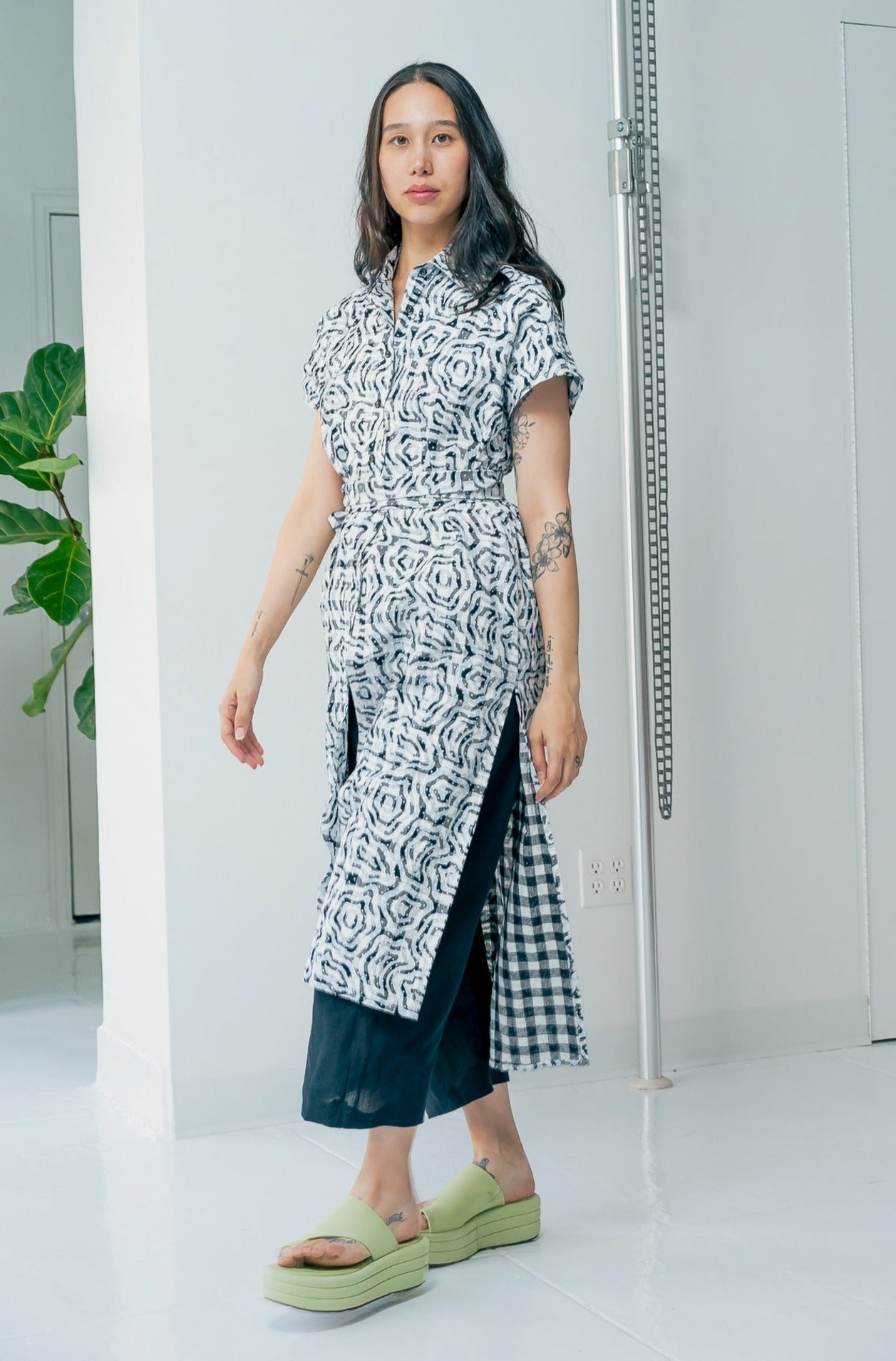 SAMPLE SALE | Harper Shirt Dress | Flora on Black & White Checkerboard