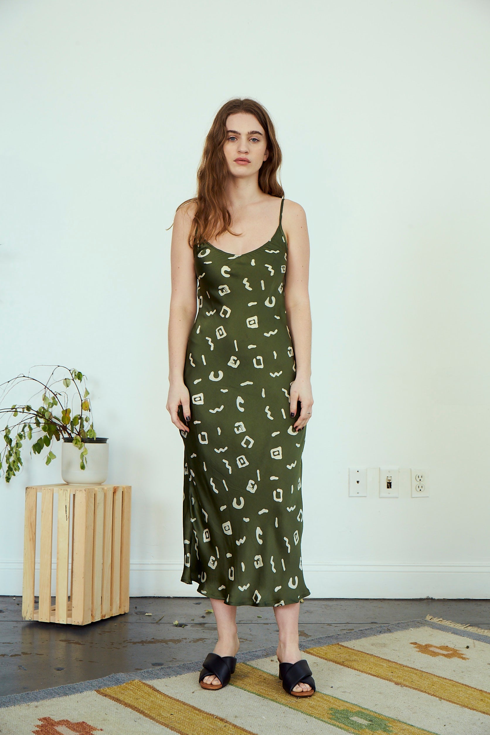 Frida Slip Dress | Aztec Olive Block Print